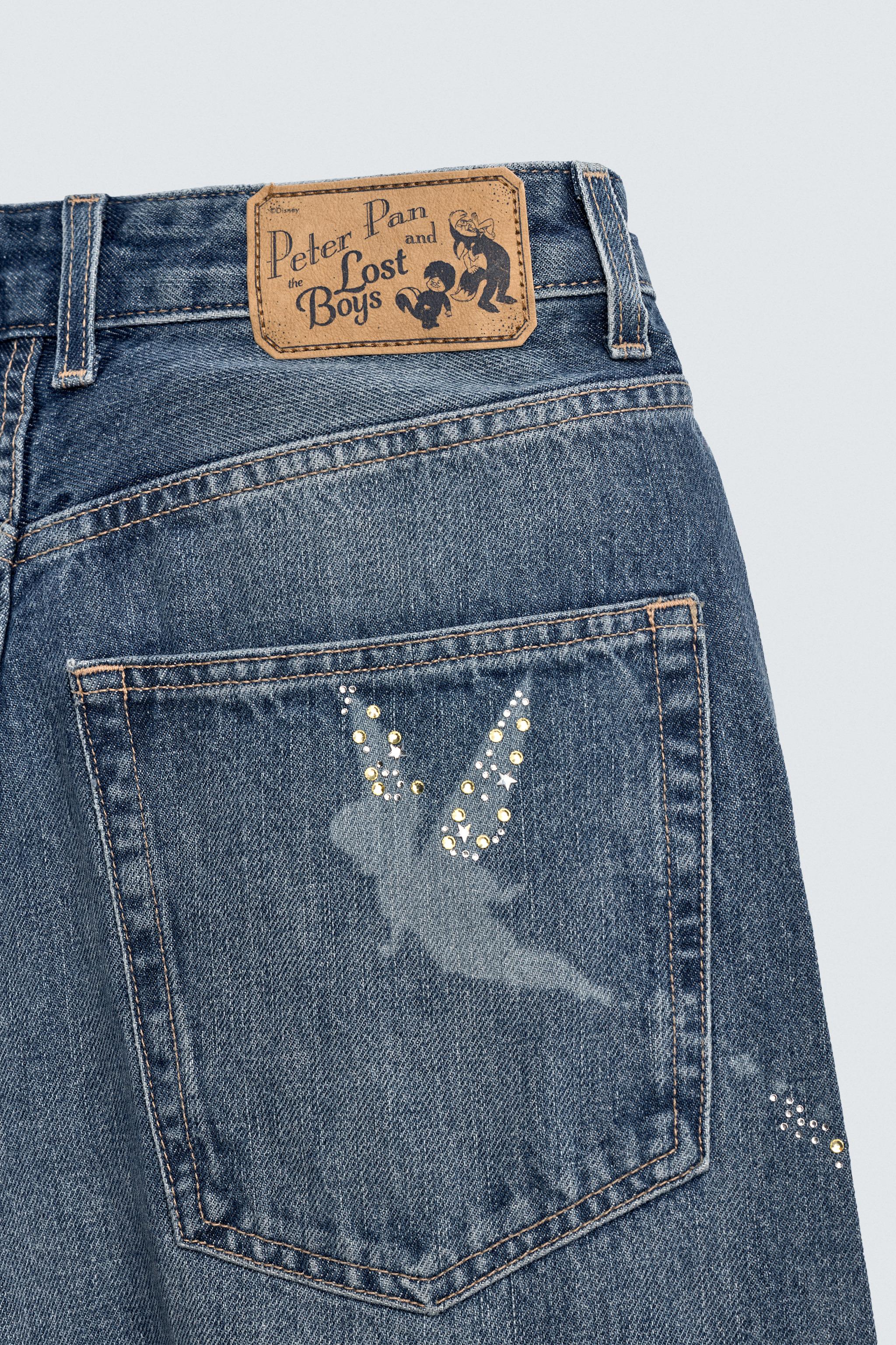 TRF BAGGY FIT RHINESTONE PETER PAN JEANS HARRY LAMBERT FOR ZARA X DISNEY